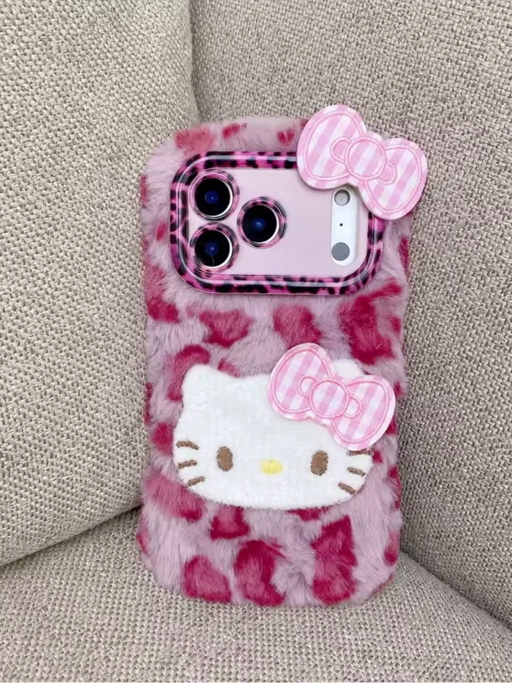 Pink Fur Hello Kitty Phone Case with Bow Accent